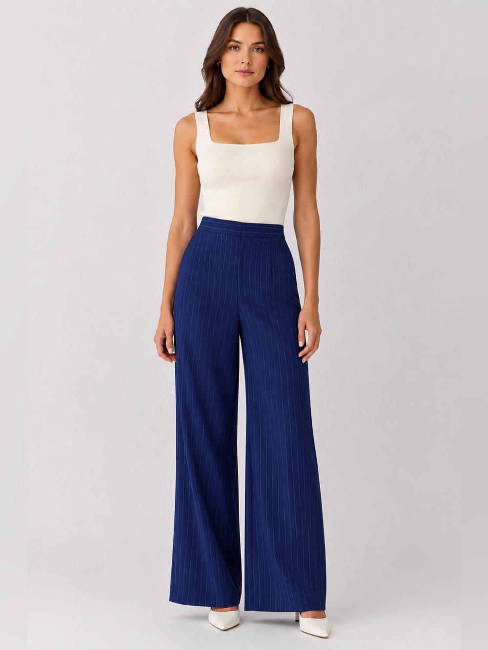 Maison d'Amelie Paris Pants US 8 Pinstripe‎ Blue High Rise Stretch Waist Career